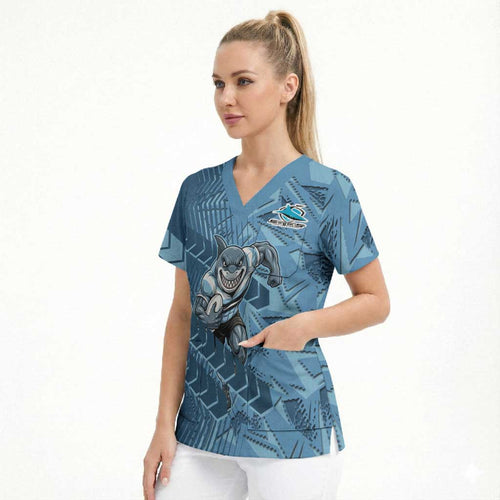 Cronulla Sutherland Sharks Rugby Scrub Top Fierce Mascot Geometric Tribal Art