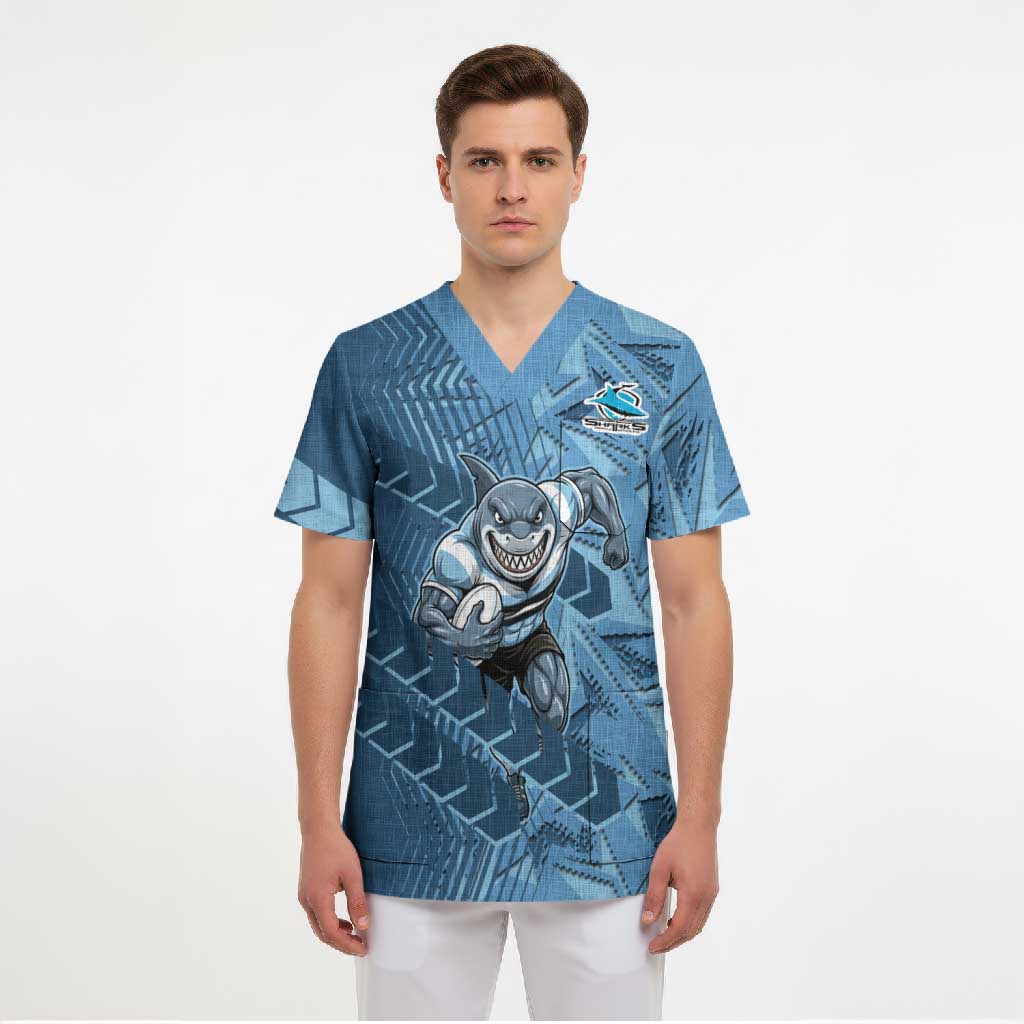 Cronulla Sutherland Sharks Rugby Scrub Top Fierce Mascot Geometric Tribal Art