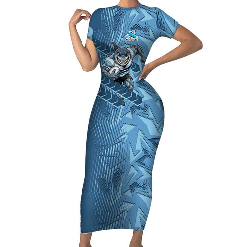 Cronulla Sutherland Sharks Rugby Short Sleeve Bodycon Dress Fierce Mascot Geometric Tribal Art