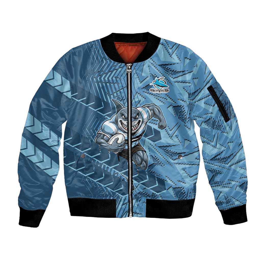 Cronulla Sutherland Sharks Rugby Sleeve Zip Bomber Jacket Fierce Mascot Geometric Tribal Art