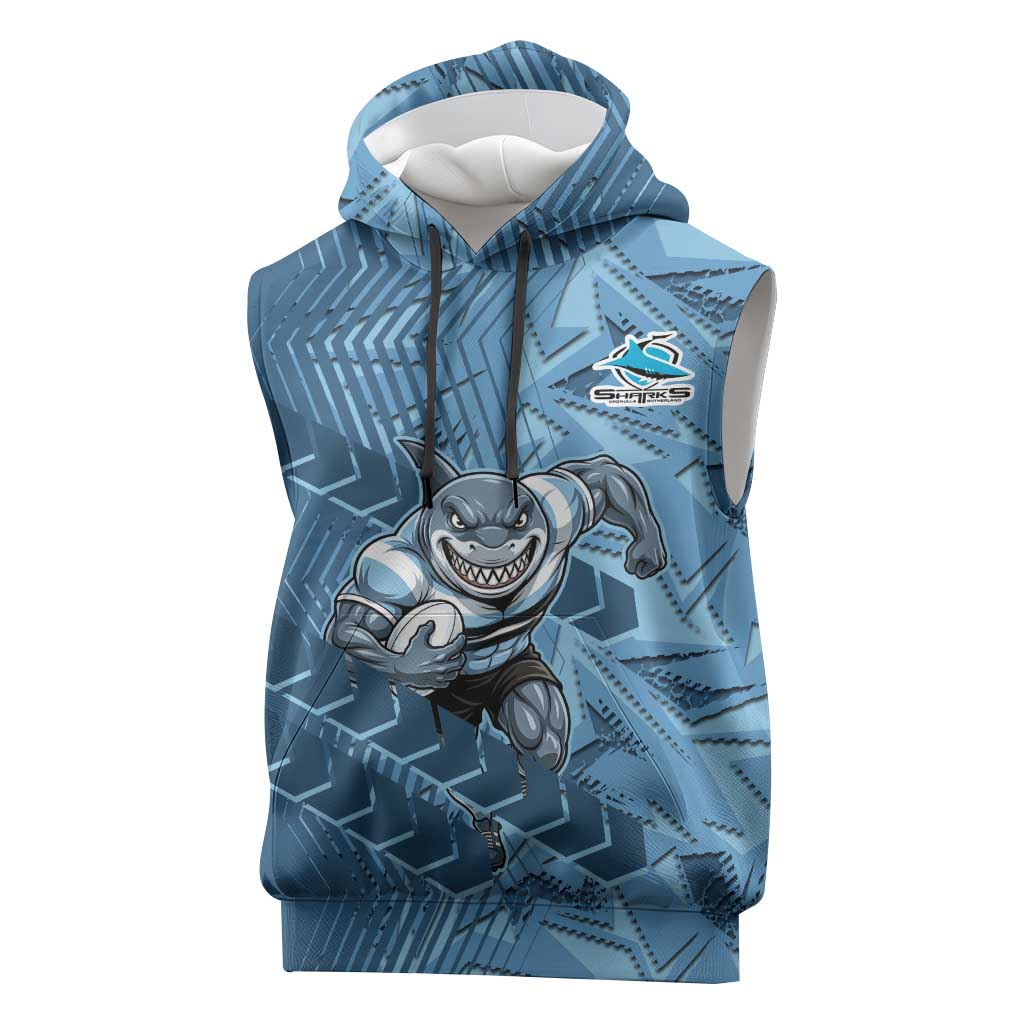 Cronulla Sutherland Sharks Rugby Sleeveless Hoodie Fierce Mascot Geometric Tribal Art