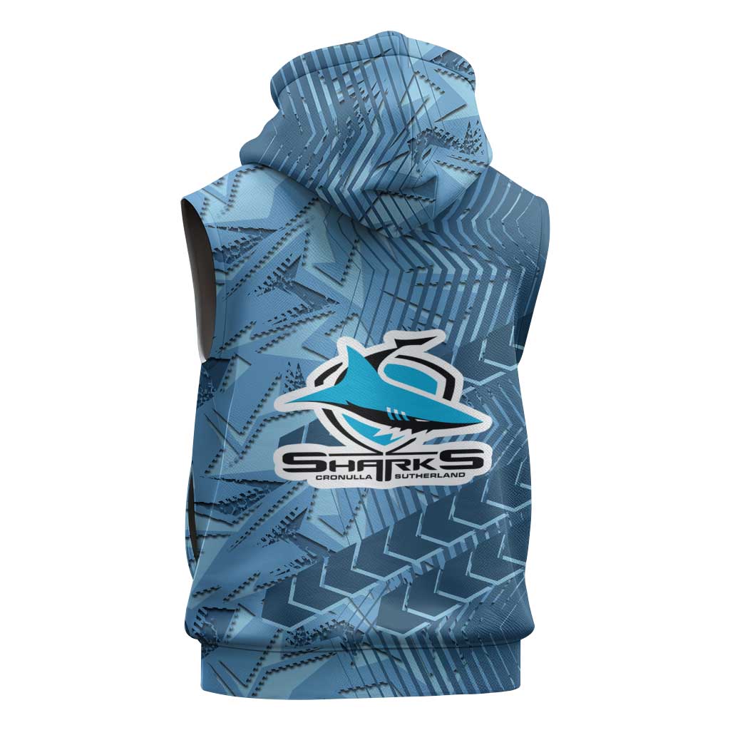 Cronulla Sutherland Sharks Rugby Sleeveless Hoodie Fierce Mascot Geometric Tribal Art
