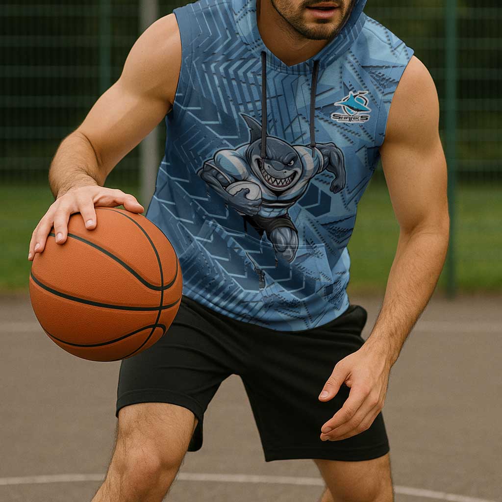 Cronulla Sutherland Sharks Rugby Sleeveless Hoodie Fierce Mascot Geometric Tribal Art