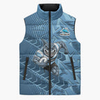 Cronulla Sutherland Sharks Rugby Sleeveless Puffer Jacket Fierce Mascot Geometric Tribal Art
