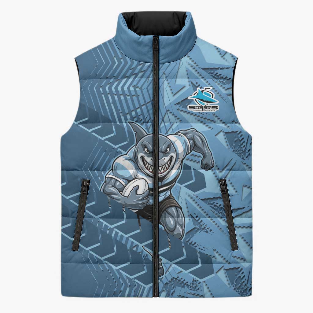 Cronulla Sutherland Sharks Rugby Sleeveless Puffer Jacket Fierce Mascot Geometric Tribal Art