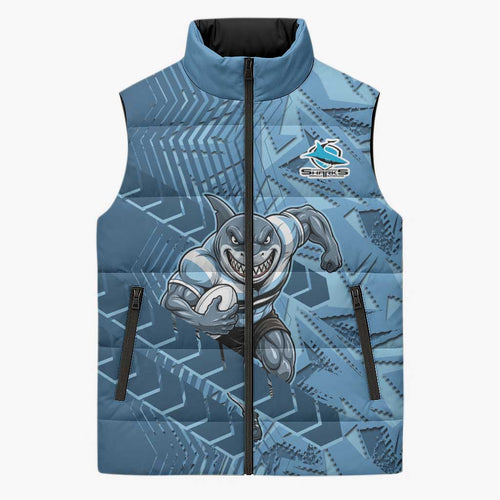 Cronulla Sutherland Sharks Rugby Sleeveless Puffer Jacket Fierce Mascot Geometric Tribal Art