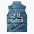 Cronulla Sutherland Sharks Rugby Sleeveless Puffer Jacket Fierce Mascot Geometric Tribal Art