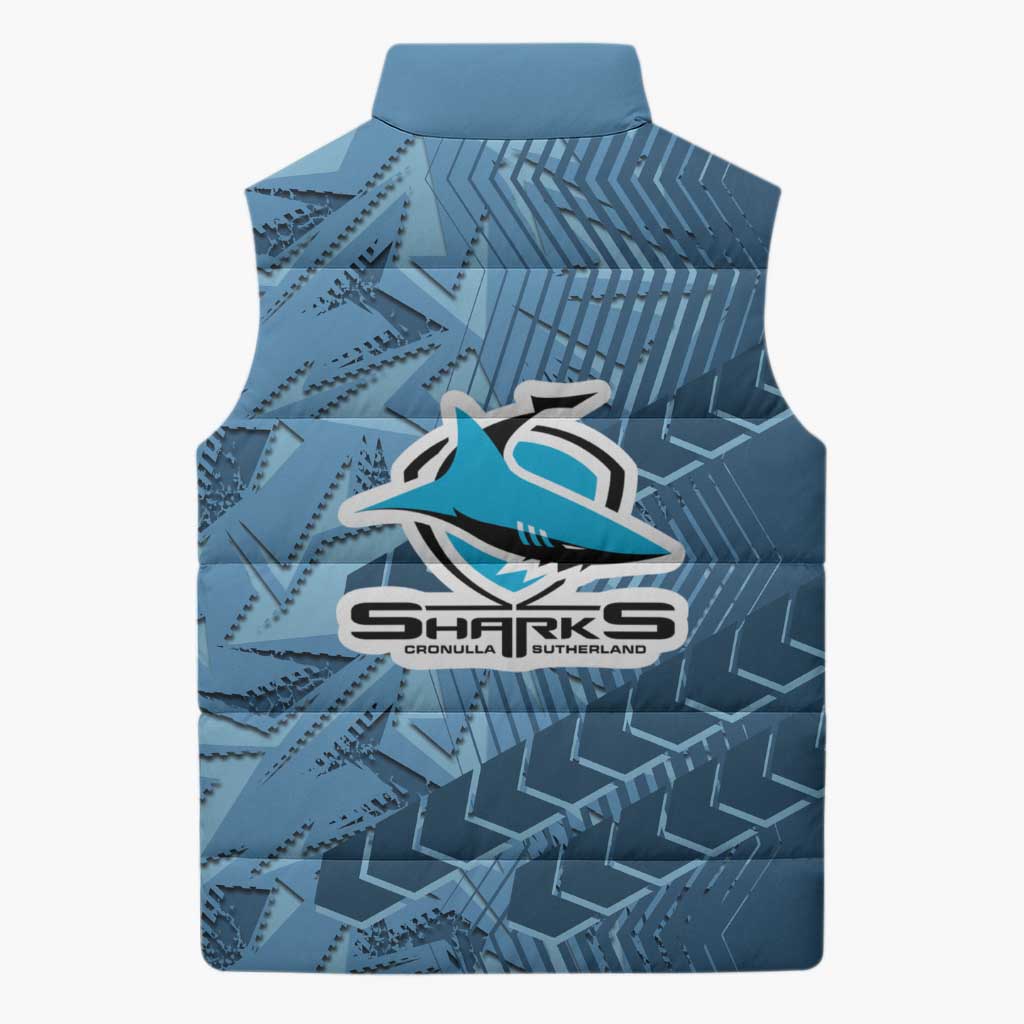Cronulla Sutherland Sharks Rugby Sleeveless Puffer Jacket Fierce Mascot Geometric Tribal Art