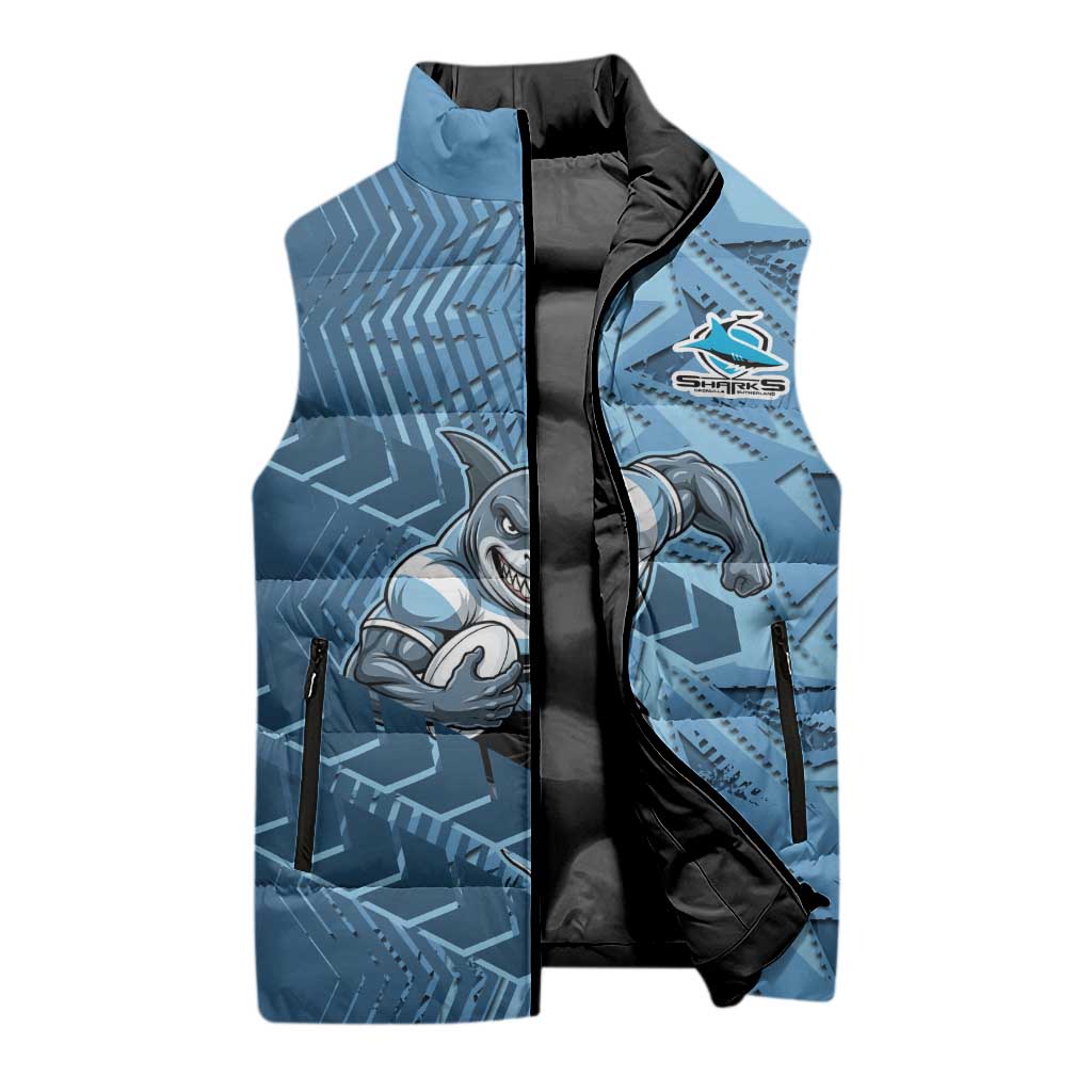 Cronulla Sutherland Sharks Rugby Sleeveless Puffer Jacket Fierce Mascot Geometric Tribal Art