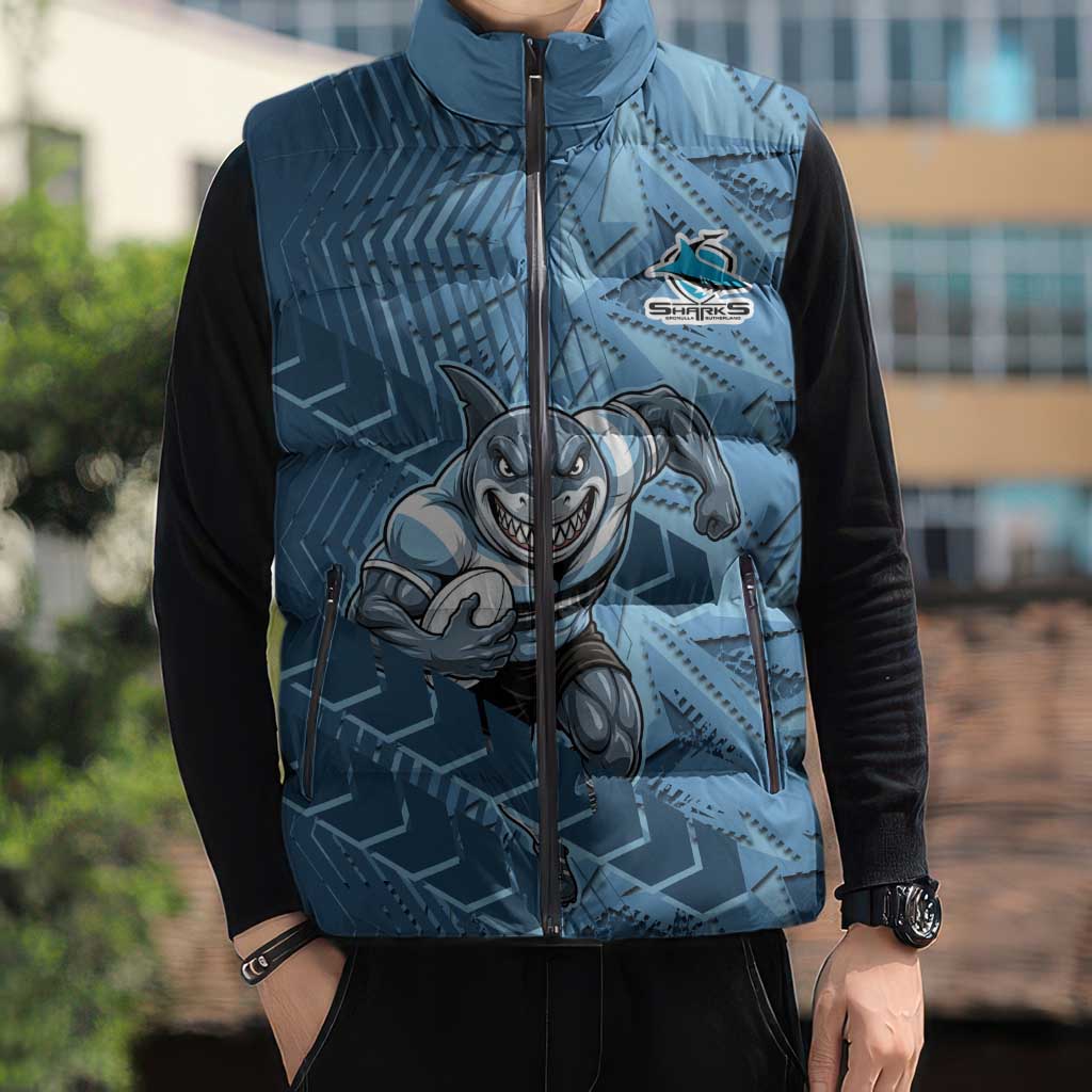 Cronulla Sutherland Sharks Rugby Sleeveless Puffer Jacket Fierce Mascot Geometric Tribal Art