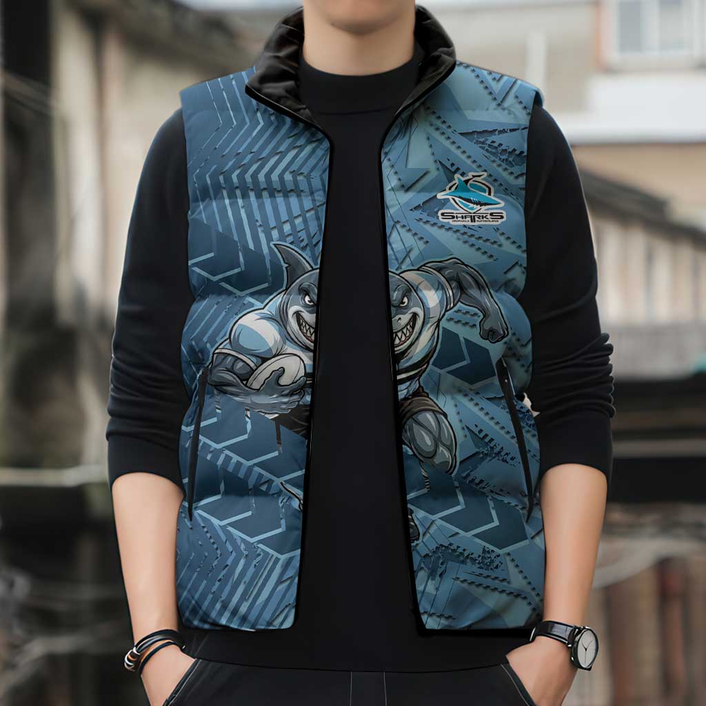 Cronulla Sutherland Sharks Rugby Sleeveless Puffer Jacket Fierce Mascot Geometric Tribal Art