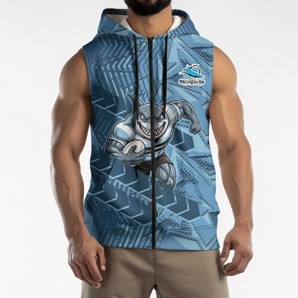 Cronulla Sutherland Sharks Rugby Sleeveless Zip Hoodie Fierce Mascot Geometric Tribal Art