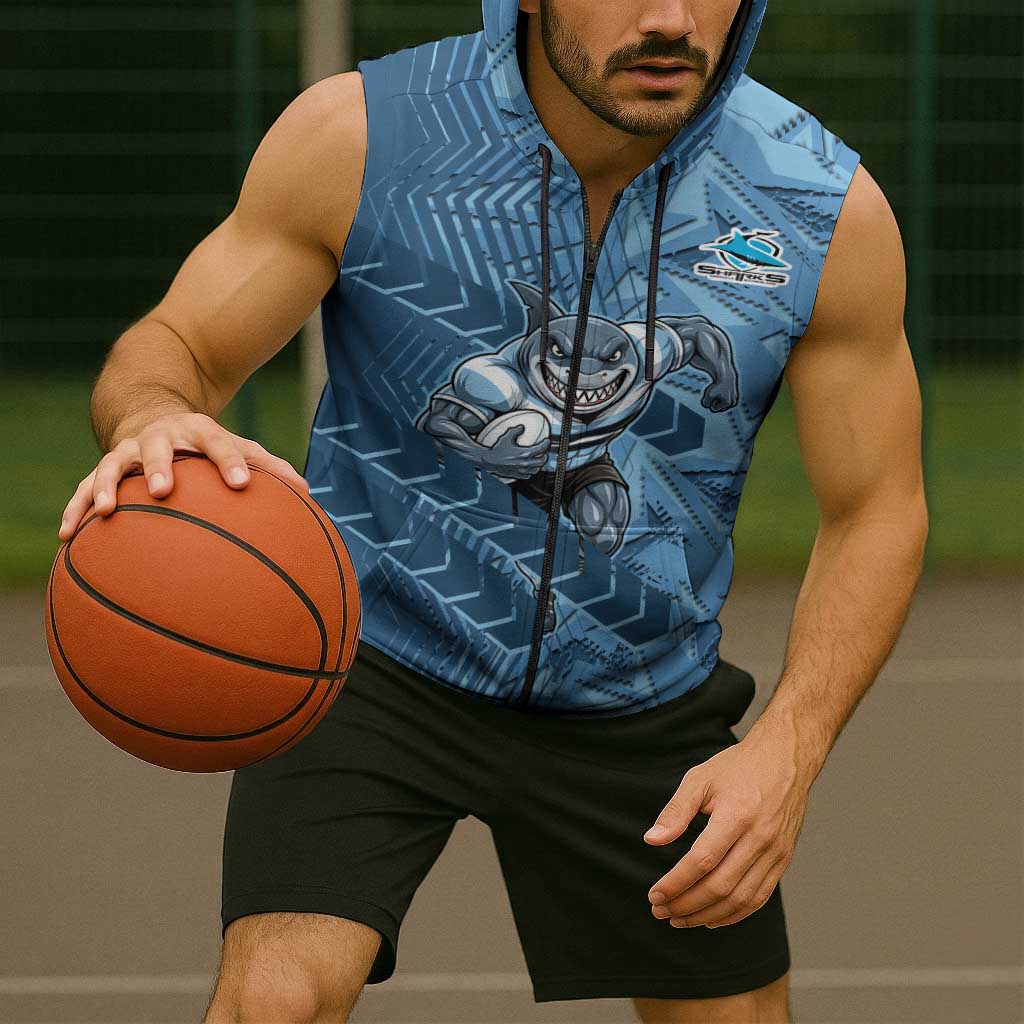 Cronulla Sutherland Sharks Rugby Sleeveless Zip Hoodie Fierce Mascot Geometric Tribal Art