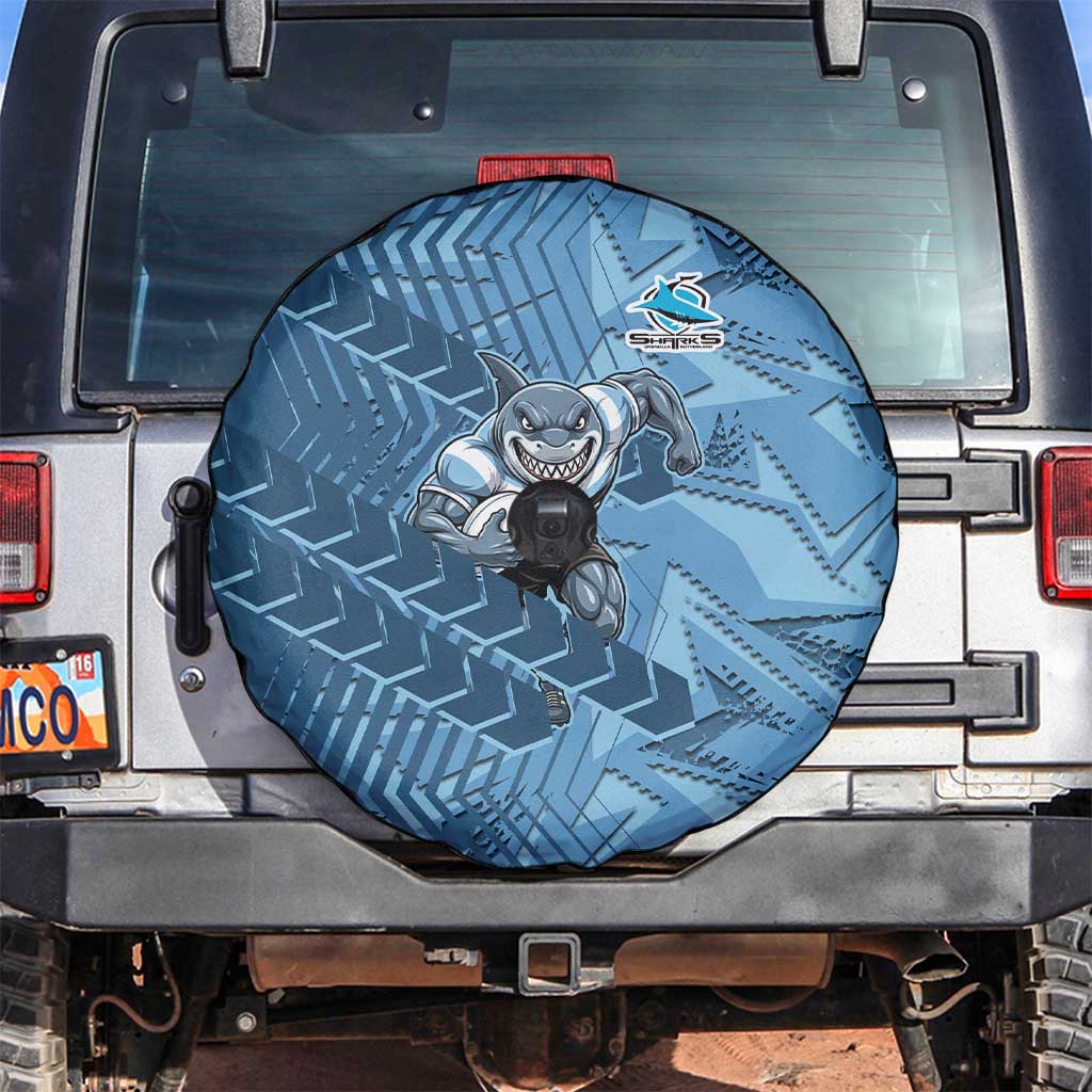 Cronulla Sutherland Sharks Rugby Spare Tire Cover Fierce Mascot Geometric Tribal Art