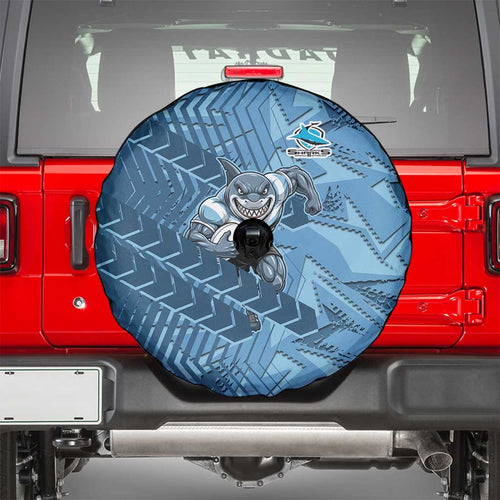 Cronulla Sutherland Sharks Rugby Spare Tire Cover Fierce Mascot Geometric Tribal Art