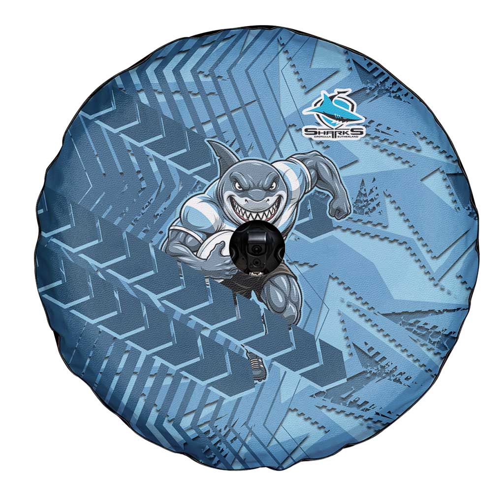 Cronulla Sutherland Sharks Rugby Spare Tire Cover Fierce Mascot Geometric Tribal Art