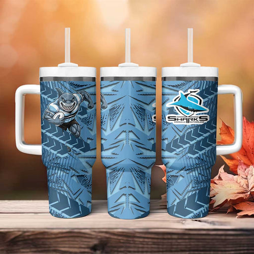 Cronulla Sutherland Sharks Rugby Tumbler With Handle Fierce Mascot Geometric Tribal Art