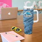 Cronulla Sutherland Sharks Rugby Tumbler With Handle Fierce Mascot Geometric Tribal Art