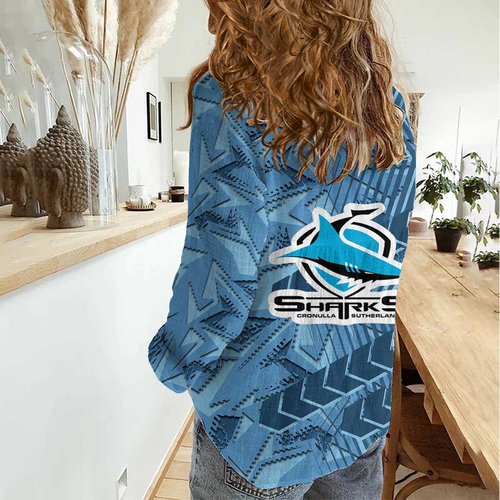 Cronulla Sutherland Sharks Rugby Women Casual Shirt Fierce Mascot Geometric Tribal Art