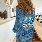 Cronulla Sutherland Sharks Rugby Women Casual Shirt Fierce Mascot Geometric Tribal Art