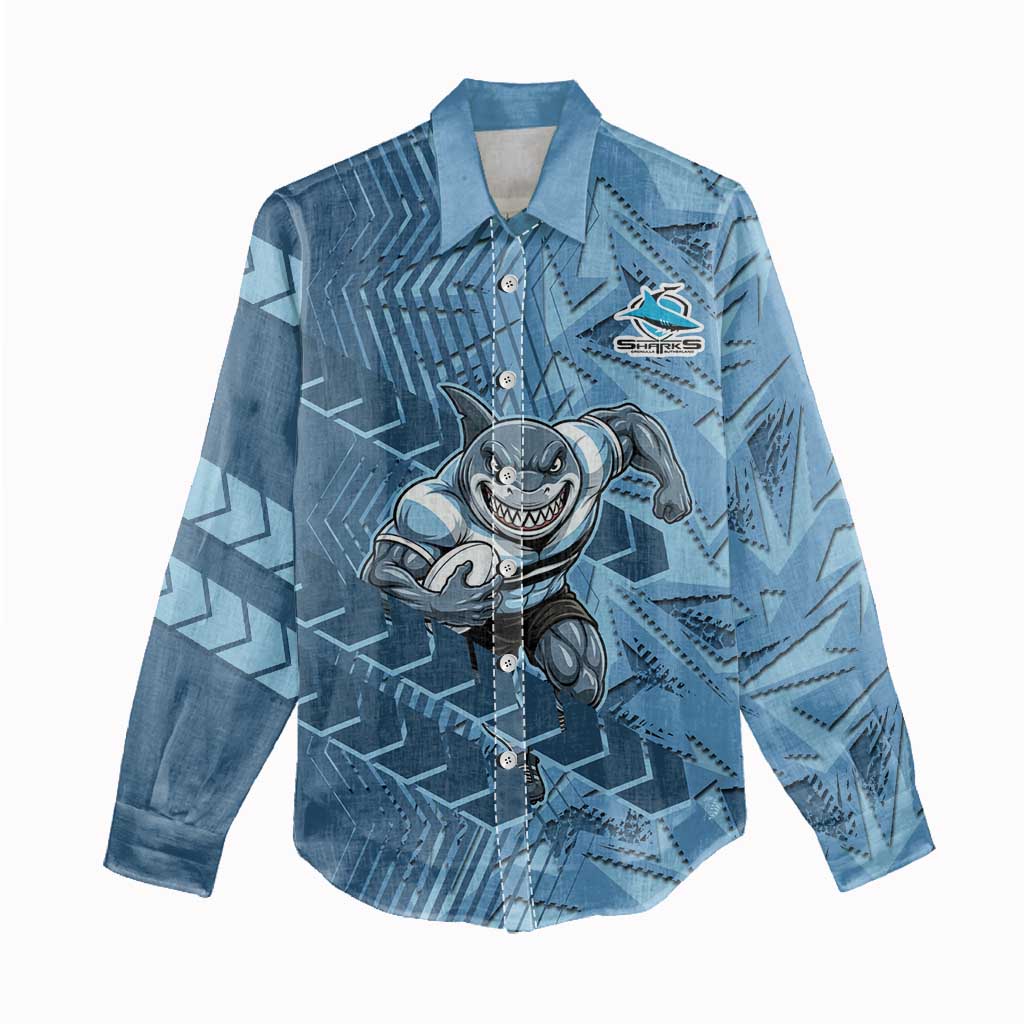 Cronulla Sutherland Sharks Rugby Women Casual Shirt Fierce Mascot Geometric Tribal Art