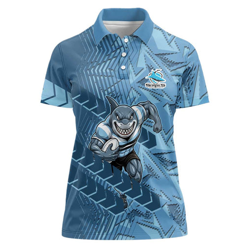 Cronulla Sutherland Sharks Rugby Women Polo Shirt Fierce Mascot Geometric Tribal Art