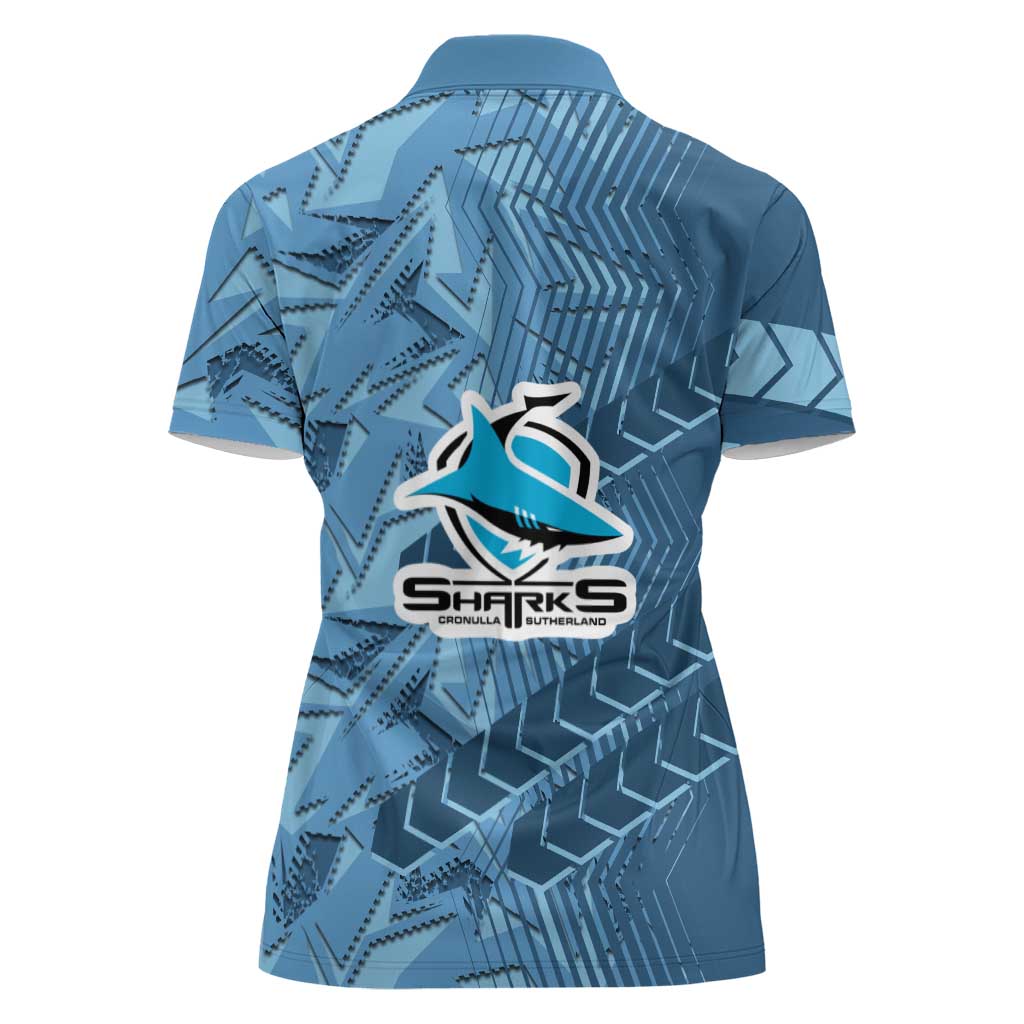 Cronulla Sutherland Sharks Rugby Women Polo Shirt Fierce Mascot Geometric Tribal Art