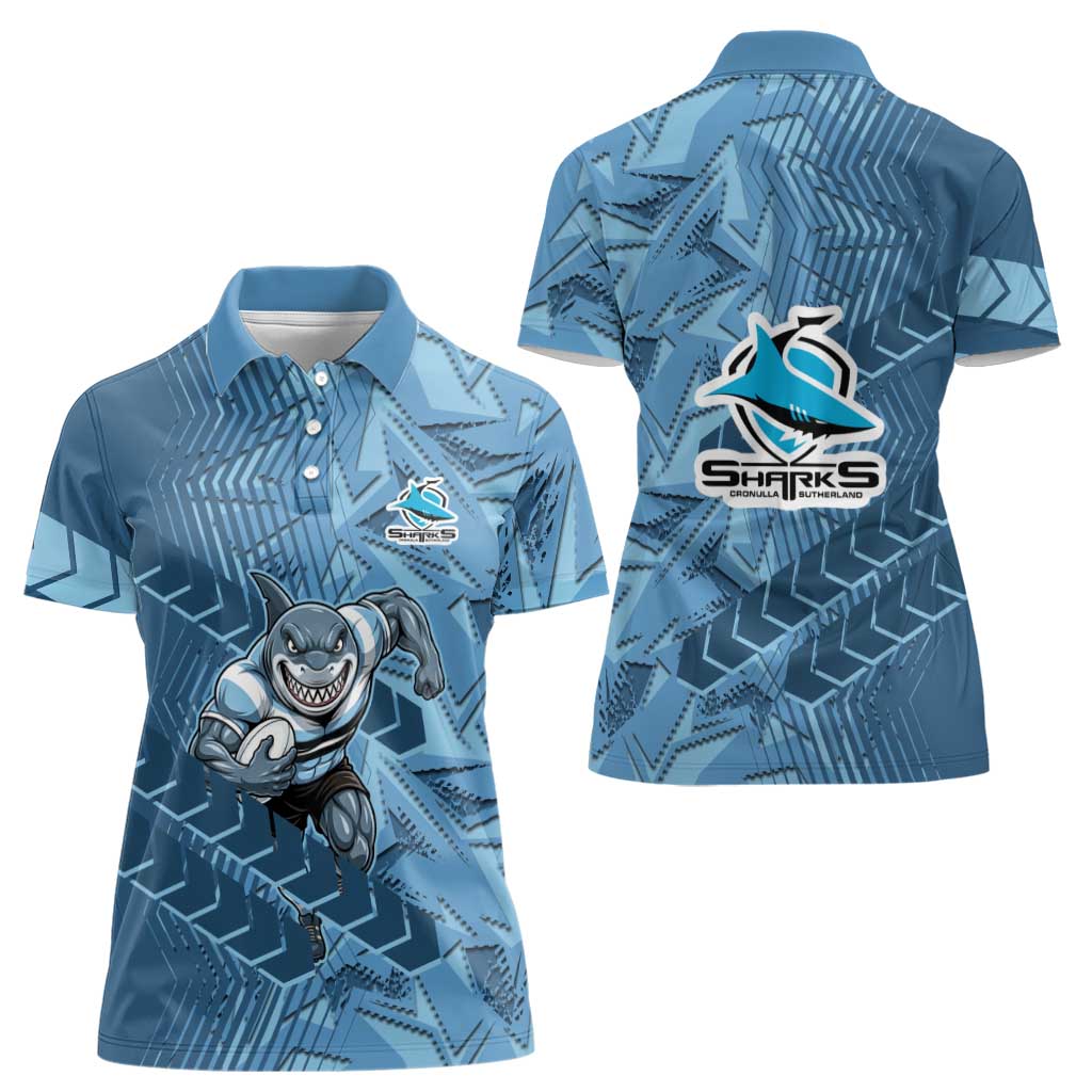 Cronulla Sutherland Sharks Rugby Women Polo Shirt Fierce Mascot Geometric Tribal Art