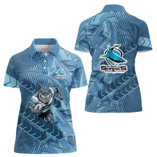 Cronulla Sutherland Sharks Rugby Women Polo Shirt Fierce Mascot Geometric Tribal Art