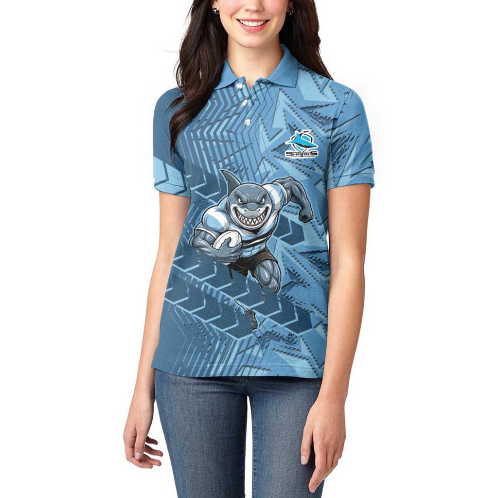 Cronulla Sutherland Sharks Rugby Women Polo Shirt Fierce Mascot Geometric Tribal Art