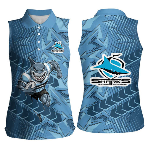 Cronulla Sutherland Sharks Rugby Women Sleeveless Polo Shirt Fierce Mascot Geometric Tribal Art