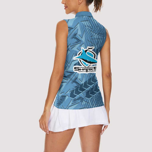 Cronulla Sutherland Sharks Rugby Women Sleeveless Polo Shirt Fierce Mascot Geometric Tribal Art