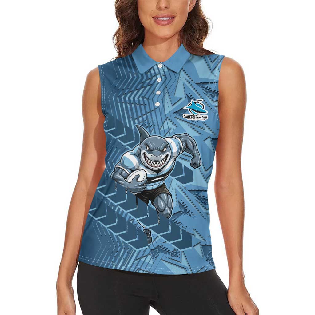 Cronulla Sutherland Sharks Rugby Women Sleeveless Polo Shirt Fierce Mascot Geometric Tribal Art
