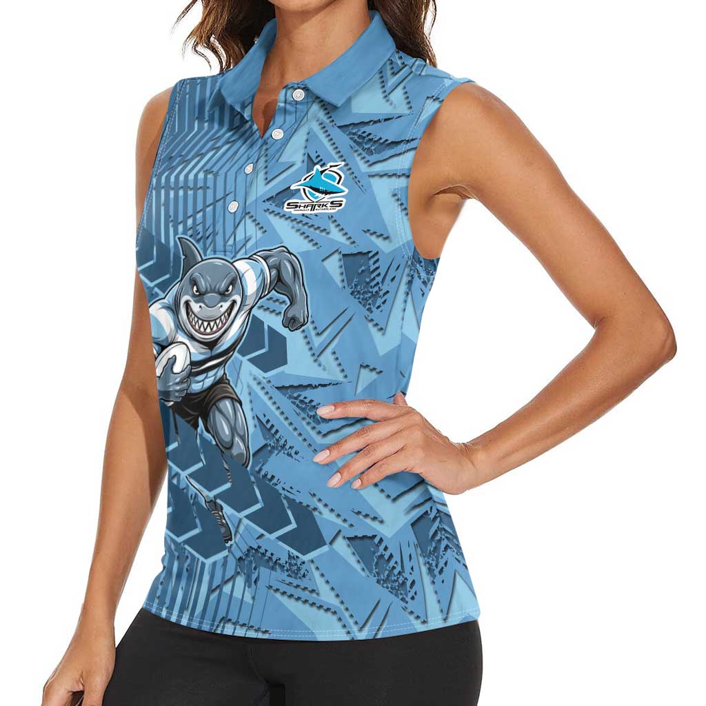 Cronulla Sutherland Sharks Rugby Women Sleeveless Polo Shirt Fierce Mascot Geometric Tribal Art