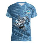 Cronulla Sutherland Sharks Rugby Women V-Neck T-Shirt Fierce Mascot Geometric Tribal Art