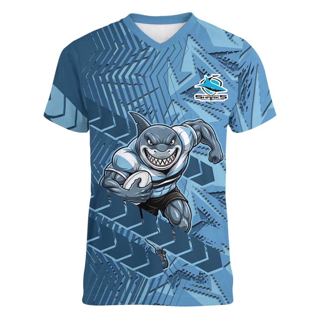 Cronulla Sutherland Sharks Rugby Women V-Neck T-Shirt Fierce Mascot Geometric Tribal Art