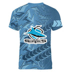 Cronulla Sutherland Sharks Rugby Women V-Neck T-Shirt Fierce Mascot Geometric Tribal Art