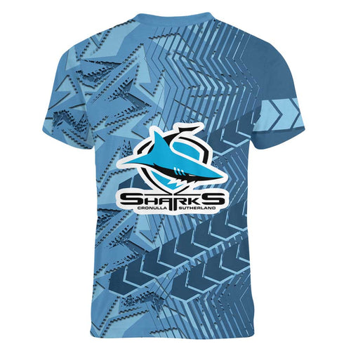 Cronulla Sutherland Sharks Rugby Women V-Neck T-Shirt Fierce Mascot Geometric Tribal Art