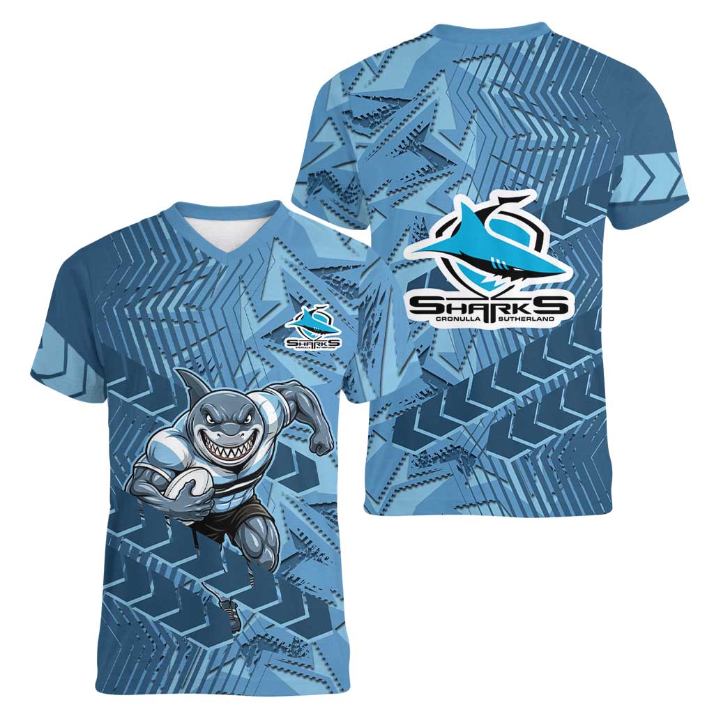 Cronulla Sutherland Sharks Rugby Women V-Neck T-Shirt Fierce Mascot Geometric Tribal Art