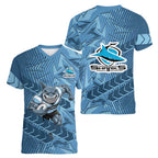 Cronulla Sutherland Sharks Rugby Women V-Neck T-Shirt Fierce Mascot Geometric Tribal Art