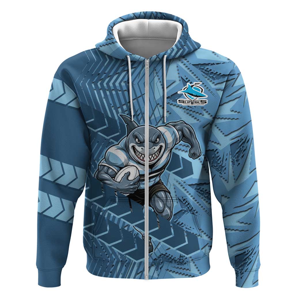 Cronulla Sutherland Sharks Rugby Zip Hoodie Fierce Mascot Geometric Tribal Art