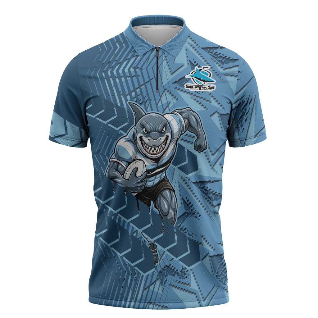 Cronulla Sutherland Sharks Rugby Zipper Polo Shirt Fierce Mascot Geometric Tribal Art