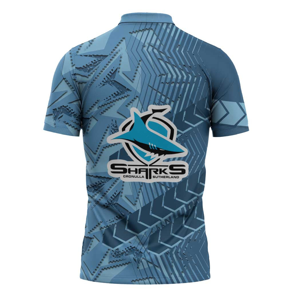 Cronulla Sutherland Sharks Rugby Zipper Polo Shirt Fierce Mascot Geometric Tribal Art