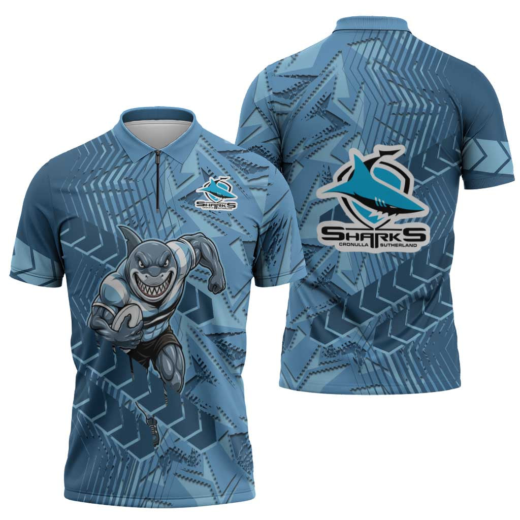 Cronulla Sutherland Sharks Rugby Zipper Polo Shirt Fierce Mascot Geometric Tribal Art