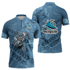 Cronulla Sutherland Sharks Rugby Zipper Polo Shirt Fierce Mascot Geometric Tribal Art