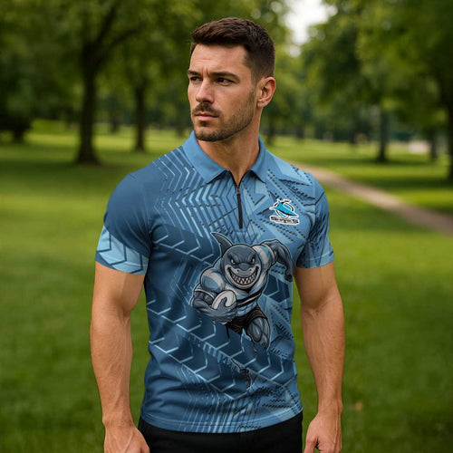 Cronulla Sutherland Sharks Rugby Zipper Polo Shirt Fierce Mascot Geometric Tribal Art
