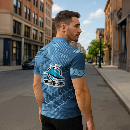 Cronulla Sutherland Sharks Rugby Zipper Polo Shirt Fierce Mascot Geometric Tribal Art
