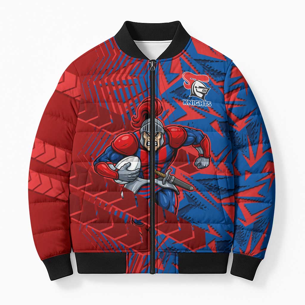 Newcastle Knights Rugby Bomber Puffer Jacket Fierce Mascot Geometric Tribal Art