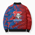 Newcastle Knights Rugby Bomber Puffer Jacket Fierce Mascot Geometric Tribal Art