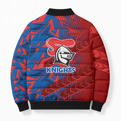 Newcastle Knights Rugby Bomber Puffer Jacket Fierce Mascot Geometric Tribal Art
